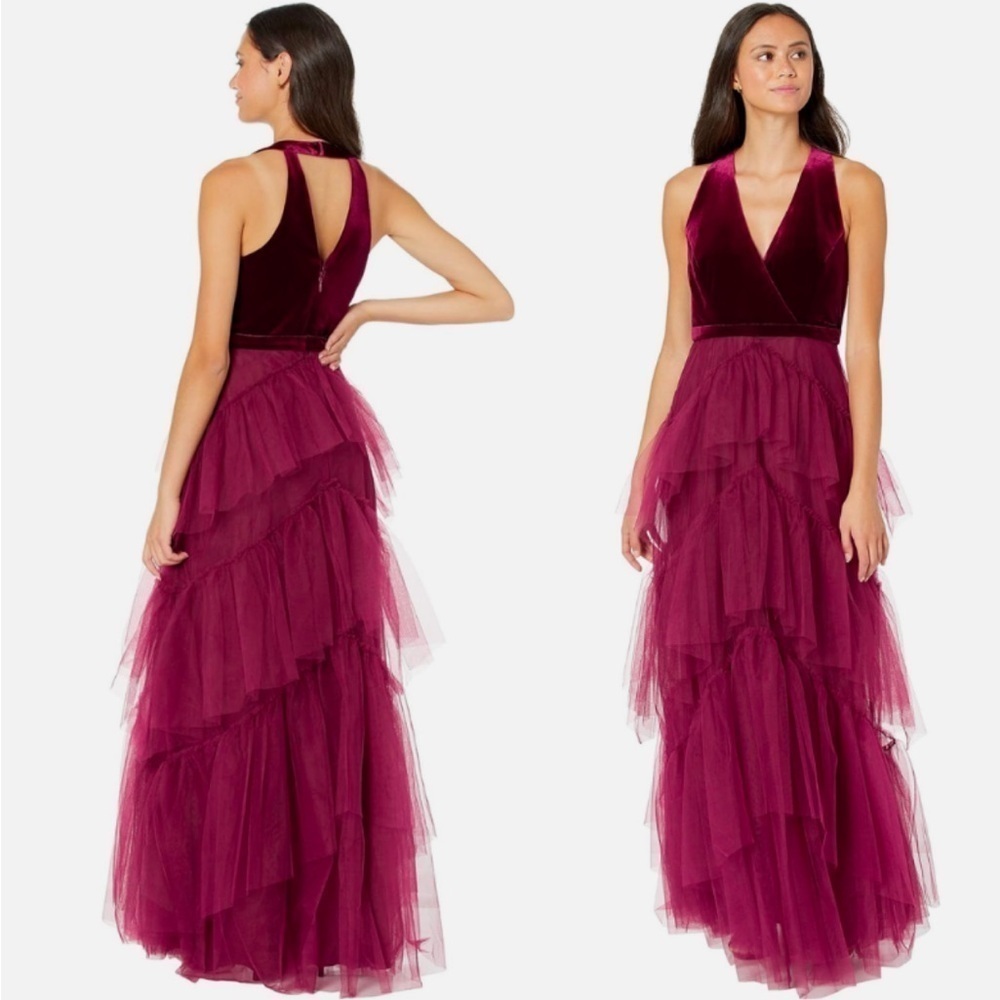 New REVOLVE / BCBGMAXAZRIA Velvet Ruffle Gown in Cabernet Size medium - Picture 3 of 17